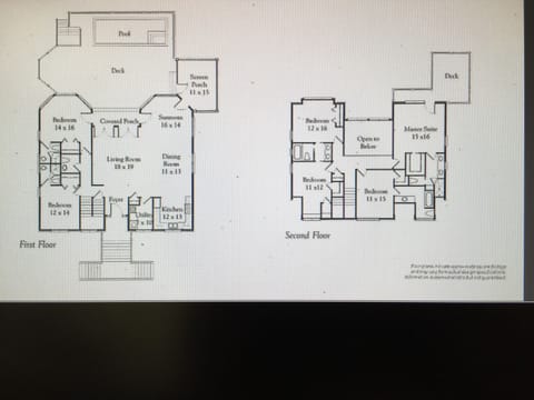 Floor plan for first and second floors. Kitchen, den, sunroom - open floor plan.