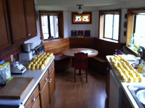 Getting ready for fruit preparation in the kitchen.