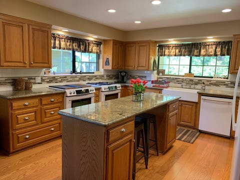 We have an updated kitchen w/farm sink. Two ovens - 1 propane and 1 electric.