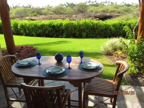 Peaceful lanai  A lava tube in the back yard.