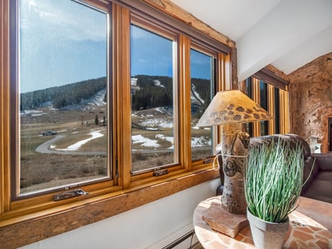 View of ski slopes and golf course from living room window