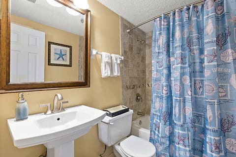 Combined shower/tub, hair dryer, towels, toilet paper