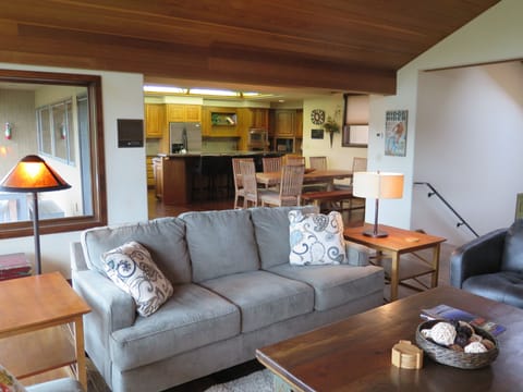 Great room extends to dining area and kitchen.