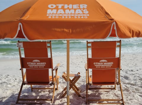 On the beach, sun loungers, beach umbrellas