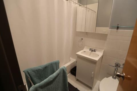 Combined shower/tub, hair dryer, towels, soap