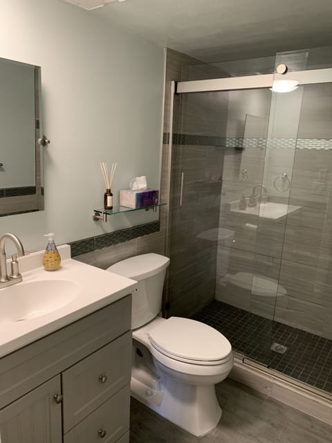 Combined shower/tub, hair dryer, towels, soap