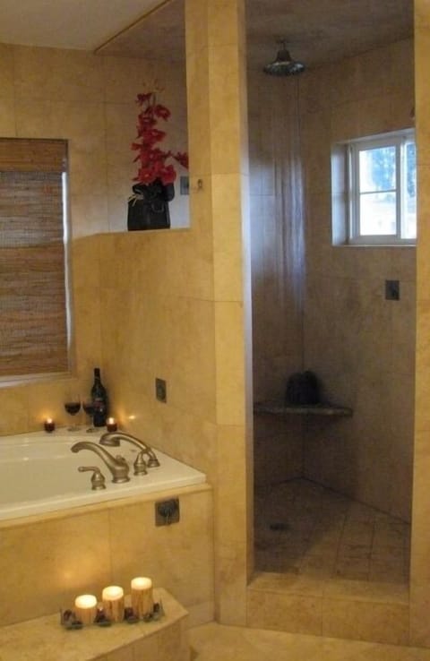 Combined shower/tub, hair dryer, towels, soap