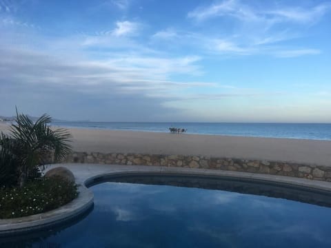 On the beach, sun loungers, beach towels