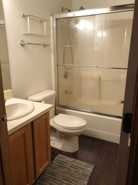 Combined shower/tub, towels