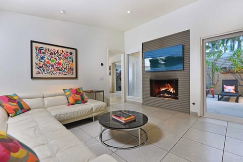 Smart TV, fireplace, books