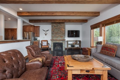 Smart TV, fireplace, DVD player, books