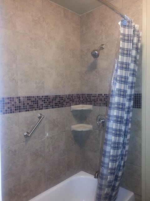 Combined shower/tub, hair dryer, towels, soap