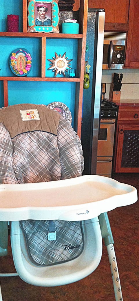 High chair, portable crib, large baby tub, stroller, and toys are available.