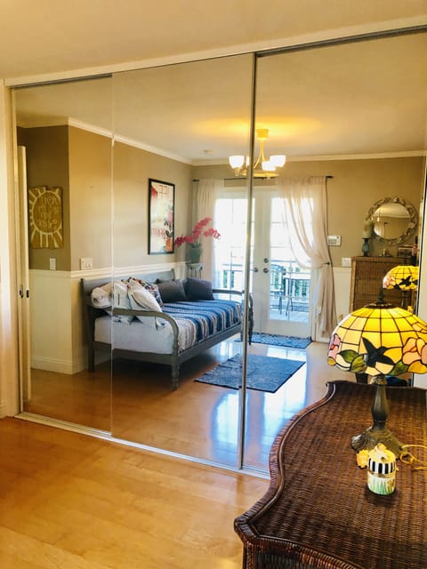 Day bed room with floor to ceiling mirrored wardrobe and French doors to deck 