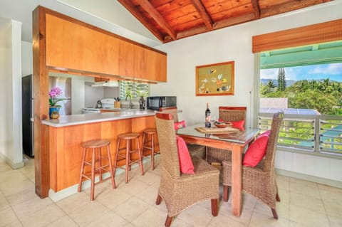 Na Hoku on Hanalei Bay Ocean Front Kitchen and Dining Views - You will love hanging out and enjoying the trade winds and unique, stunning second story views.