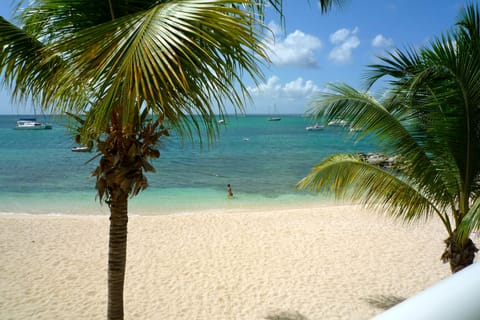 On the beach, sun loungers, beach umbrellas, beach towels