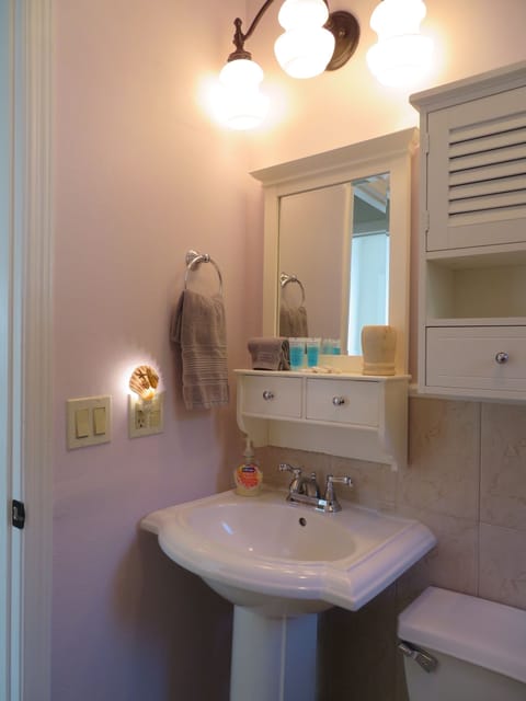 Combined shower/tub, hair dryer, towels, soap