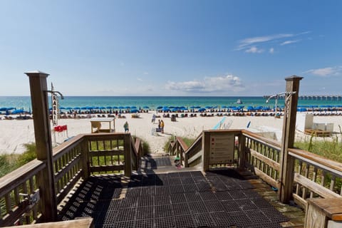 On the beach, sun loungers