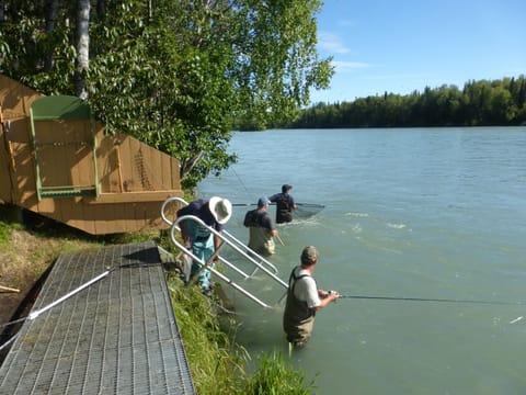 Private fishing on the property.  Fish cleaning table and freezer on property.