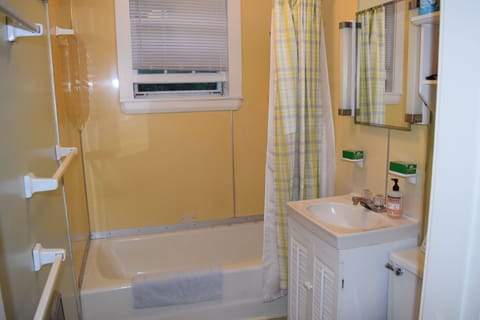 Combined shower/tub, hair dryer, towels, toilet paper