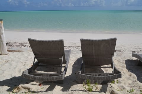 On the beach, sun loungers, beach towels