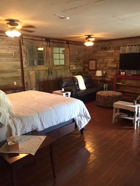 Downstairs King Bed / TV room with Barn Doors closed making it a private bedroom