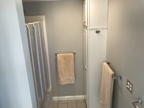 Combined shower/tub, hair dryer, towels