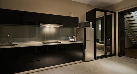 Fridge, microwave, dining tables