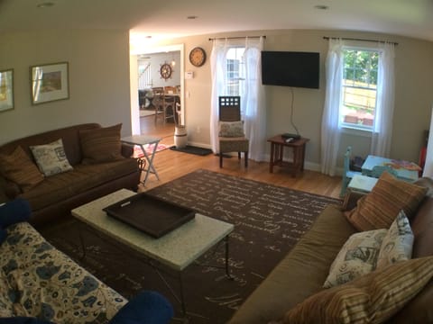 Den, 2 couches, queen futon, children's table, high chairs, blue ray/dvd player