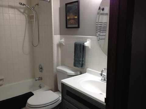 Combined shower/tub, hair dryer, towels, soap