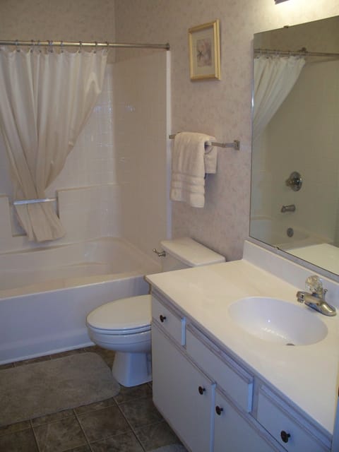 Combined shower/tub, towels, toilet paper