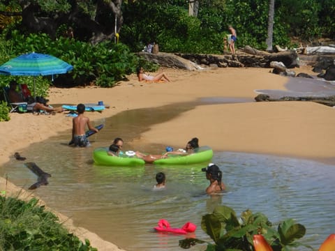 On the beach, sun loungers, beach towels