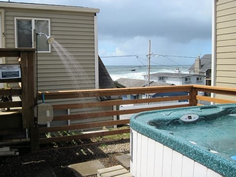 Hot outdoor shower and hot tub