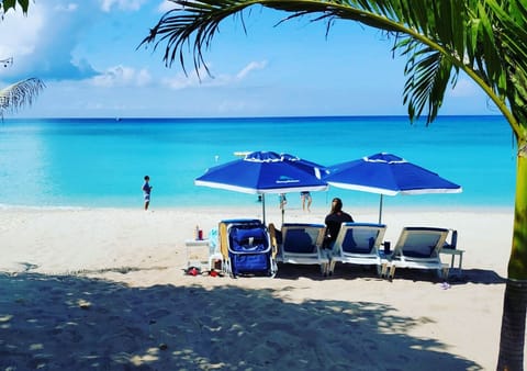 On the beach, sun loungers, beach towels