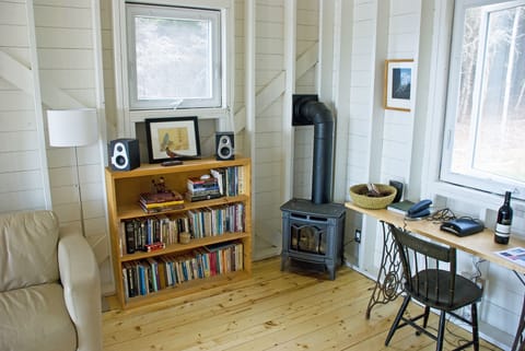 cozy corner, fireplace, work area
