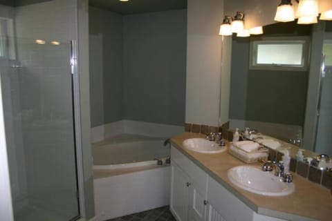 Combined shower/tub, jetted tub, towels, soap