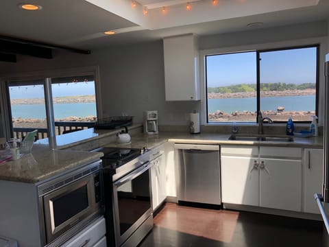 Kitchen with new skylight,  new microwave and view of Coquille River.