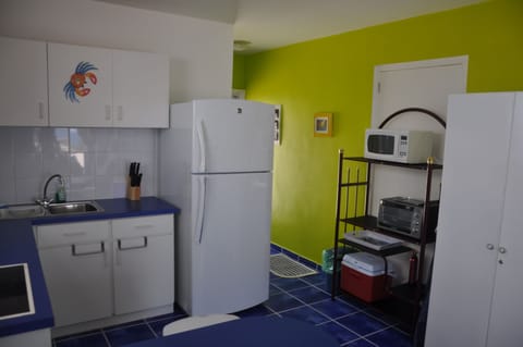 Full-size fridge, microwave, stovetop, coffee/tea maker