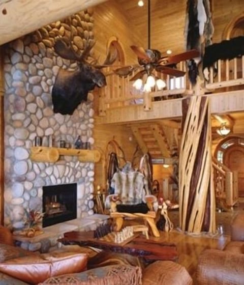Living room with giant juniper log post