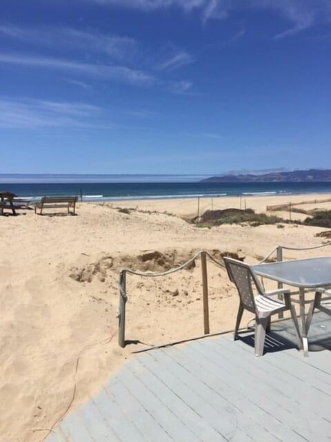 On the beach, sun loungers