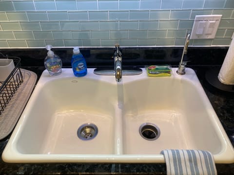 Hand soap, dish soap, and a new sponge are provided at the kitchen sink.