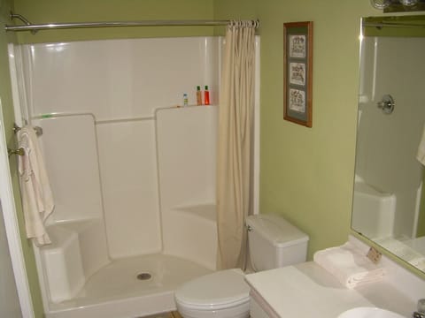 Combined shower/tub, towels, soap, toilet paper