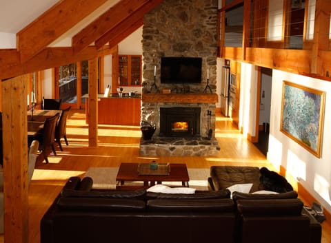 Living room and stone fireplace