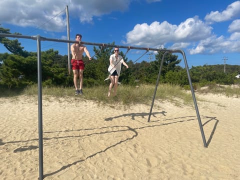 On the beach, sun loungers