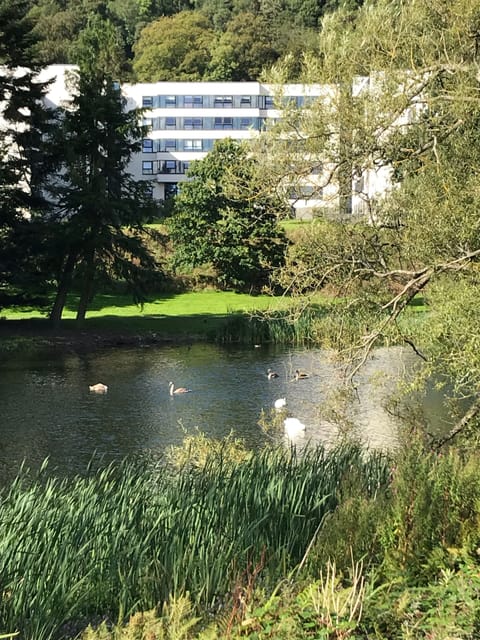 Stirling University, less than 5 miles away.
Great walk round the water.