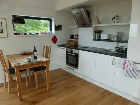 Kitchen area with dishwasher, fridge, hob/oven and microwave.
