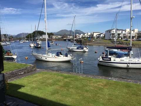 View of Porthmadog harbour through the patio window