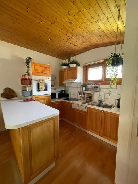 This is the most recent photo of the kitchen, which now has a wider counter.
