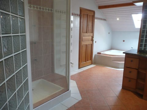 Combined shower/tub, hair dryer, towels, toilet paper