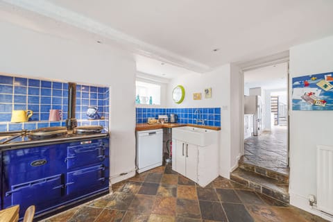 Albury House, Charmouth: The kitchen area, with a gorgeous blue Aga